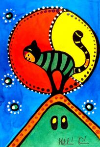 The Cat And The Moon cat painting by Dora Hathazi Mendes